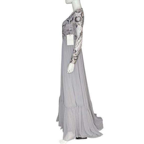 Mac Duggal Beaded Floral Chiffon Skirt Gown Platinum Women’s Sz 2 - Picture 2 of 7